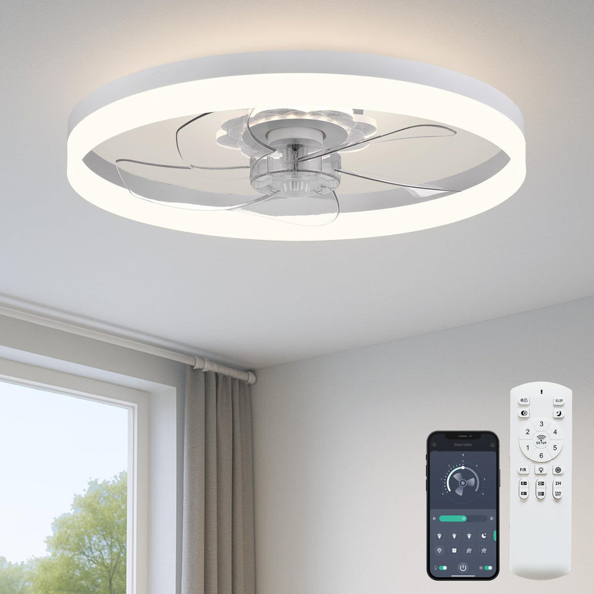 Fszdorj 20‘’ Ceiling Fan with Light, Upgraded Low Profile Fan, Flush Mount Ceiling Fan, 6 Speeds, Dimmable LED, App & Remote Control, Quiet DC Motor, for Bedroom, Living Room, F115 White Fszdorj