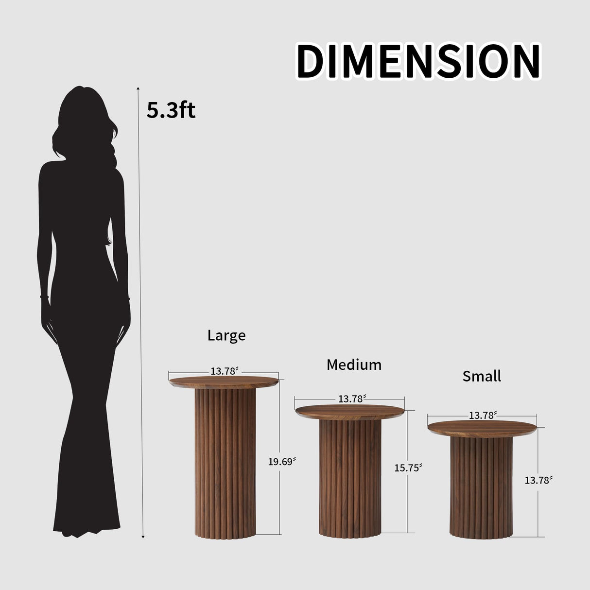 Bifins Round Nesting Coffee Table Set of 3,Mid Century Modern Fluted Coffee and End Table Set,Small Circle Wooden Side Table Drink Table for Living Room (Walnut) Bifins