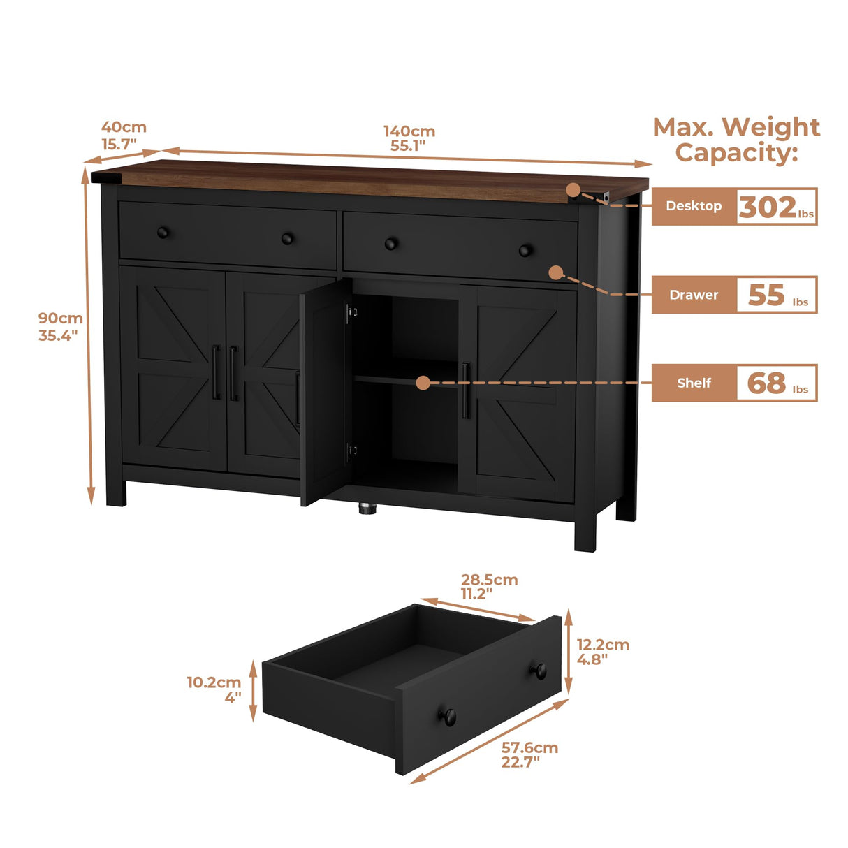 VVFLU 55" Sideboard Buffet Cabinet with Storage, Coffee Bar Cabinet with 2 Drawers and 4 Barn Doors, Long Storage Cabinet Modern Farmhouse, Black Wood, for Kitchen, Dining Room, Living Room VVFLU