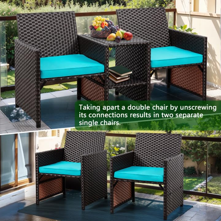 Shintenchi Wicker Patio Conversation Furniture Set with Detachable Chairs & Table and Two Removable Cushions,Rattan Wicker Lover Chair for Patio,Garden, Courtyard and Lawn Backyard (Blue)