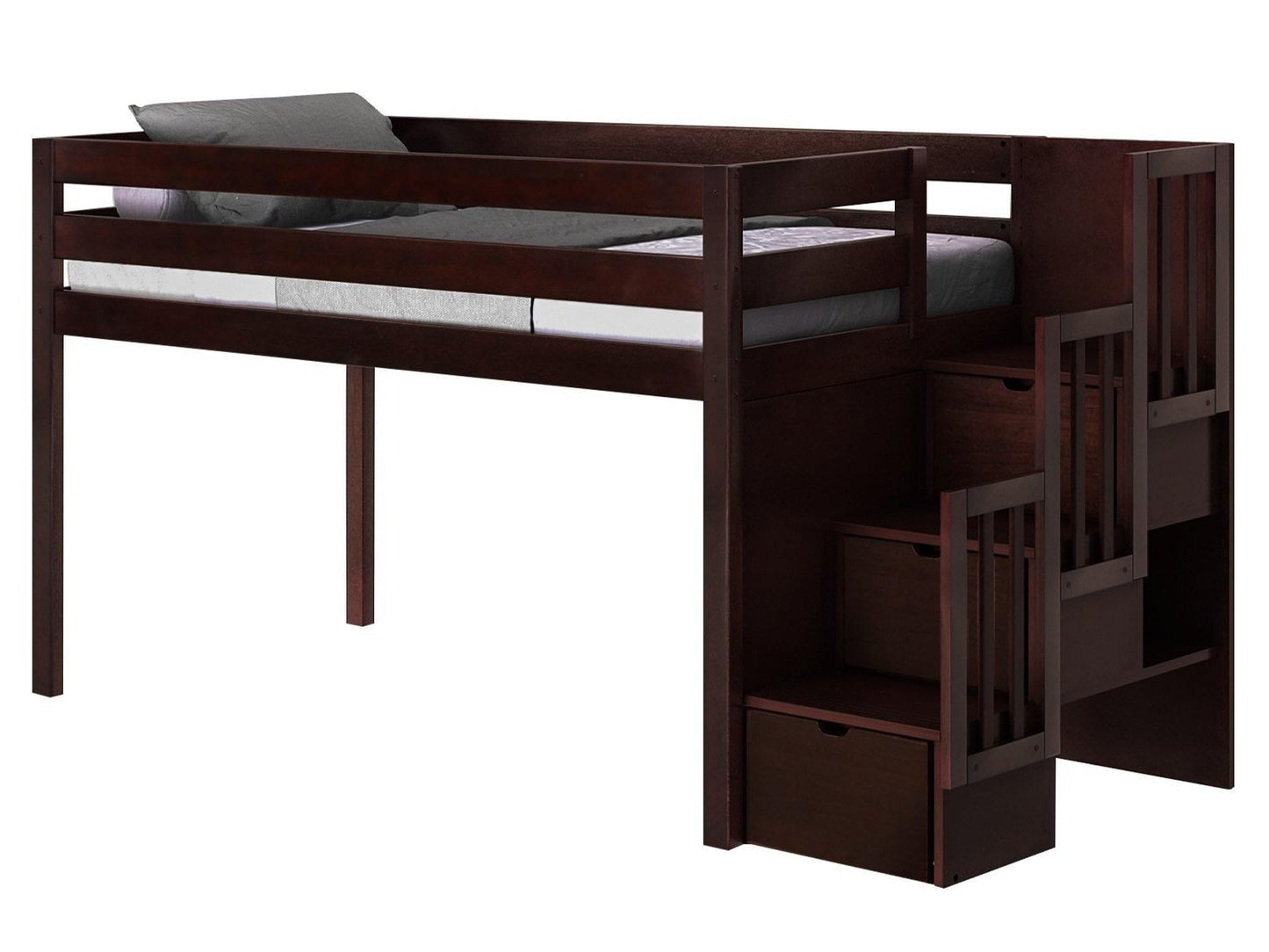 Contemporary Cherry Low Loft Twin Bed with 3 Drawer Stairway - WoodArtSupply