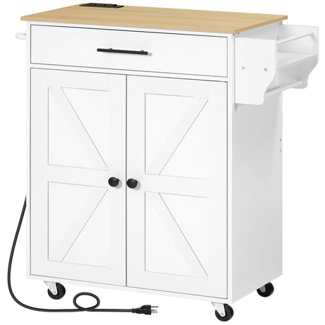 HOOBRO Kitchen Island with Power Outlet, Kitchen Storage Island with Large Worktop, Spice Rack and Drawer, Rolling Kitchen Cart on Wheels, for Kitchen and Dining Room, White and Natural WN88UZD01 HOOBRO