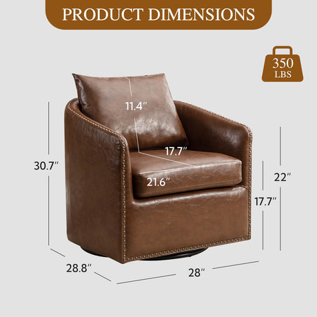 HAOMARKETS 360 Degree Swivel Barrel Chair with Plump Back Pillow, Waterproof Oil Waxed PU Leather Swivel Armchair with Rivets, Comfy Vintage Round Accent Chair for Living Room HAOMARKETS
