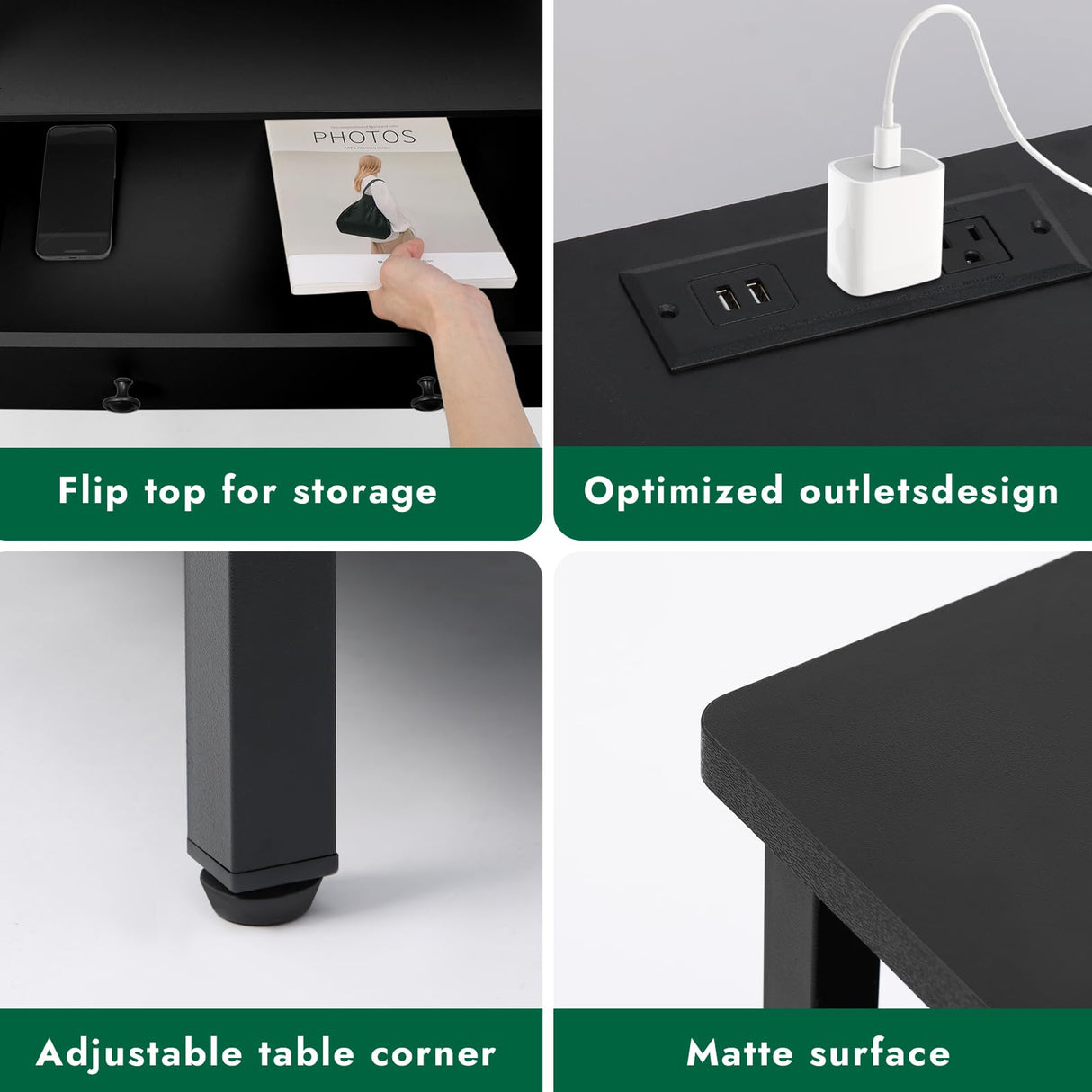 Tykacna 27 Inch Wide Night Stand, Large Wooden Night Stand with 2 Drawer, LED Nightstand with Charging Station and Adjustable Drawer, Bedside Table for Living Room/Bedroom/Study/Office, Black. Tykacna