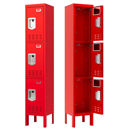SAPITAL Metal Locker with 3 Doors Employees Locker, Metal Storage Locker with Hooks, 66" Storage Cabinet Lockers for Employees, Home, Office, Gym Requires Assembly (Red) SAPITAL
