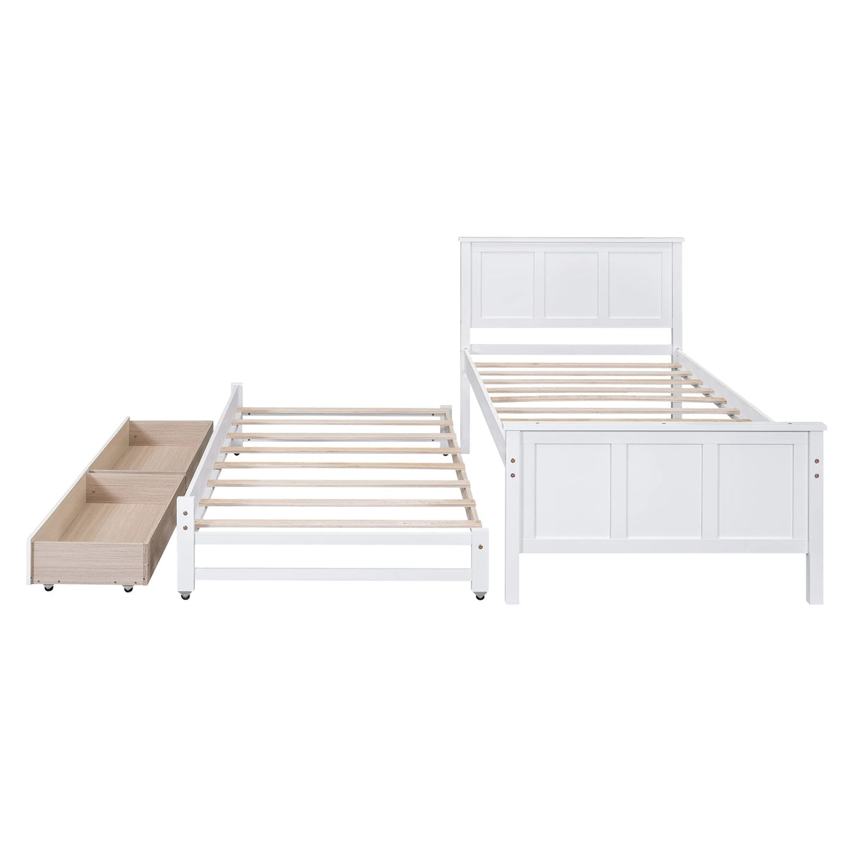 Merax Classic Solid Wooden Bed Farme with Trundle Bed and Drawers Storage Sofa Bed for Living Room Bedroom Guest Room Space Saving,White Merax