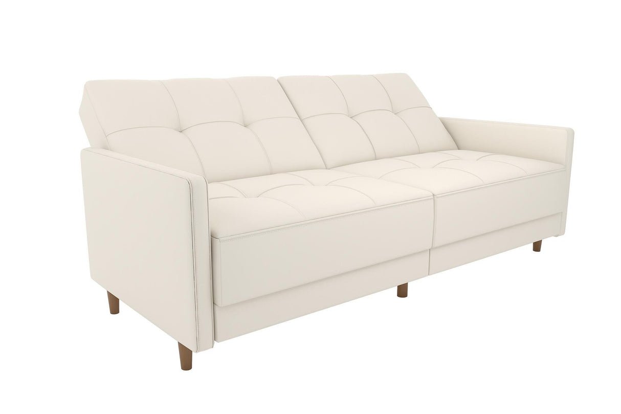 DHP Andora 76 Inch Futon Sofa Bed in Faux Leather, Modern Upholstered Couch Sleeper with Button Tufted Back and Seat, White DHP