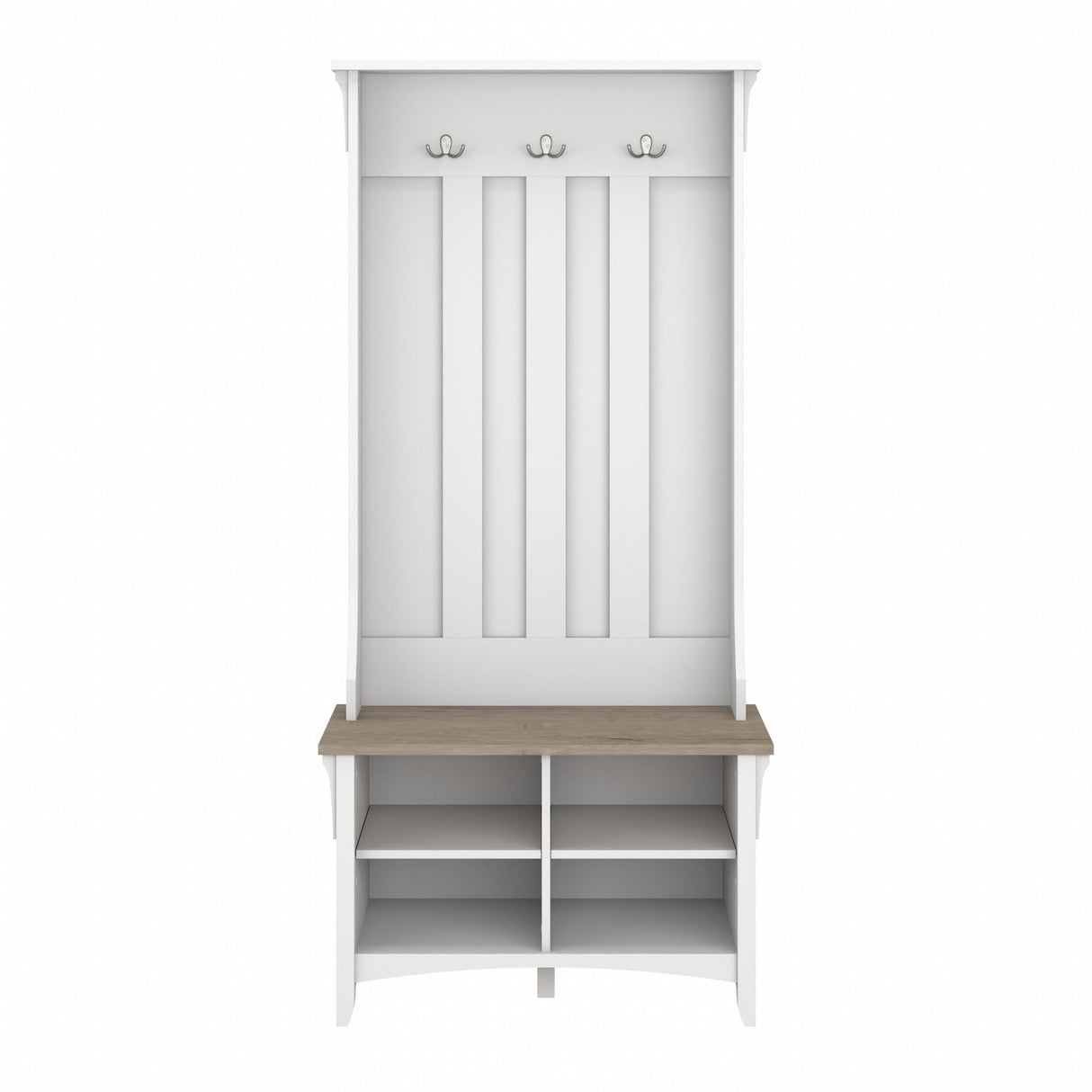 Bush Furniture Salinas Hall Tree Entryway Small Bench with Adjustable Shelves | Coat Rack with 3 Hanging Hooks and Shoe Storage, Pure White and Shiplap Gray Bush Business Furniture