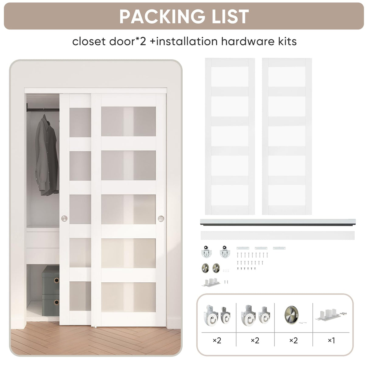 JUBEST Sliding Closet Door 48"(Double 25") x 80", 5-Lite Frosted Glass Bypass Door with Hardware Kit & Matching Fascia, Pre-Drilled MDF Wood Slab with Water-Proof PVC Surface, Easy to Install, White JUBEST