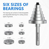 Newdeli Rabbet Router Bit Set 1/4 Inch Shank - 4Pcs Rabbeting Router Bits（1/8",1/4",3/8", 1/2" Height） with 6 Bearings Set (1/2", 5/8", 3/4", 7/8", 1", 1-1/8" Bearings) - Wood Biscuit Slot Cutters Newdeli