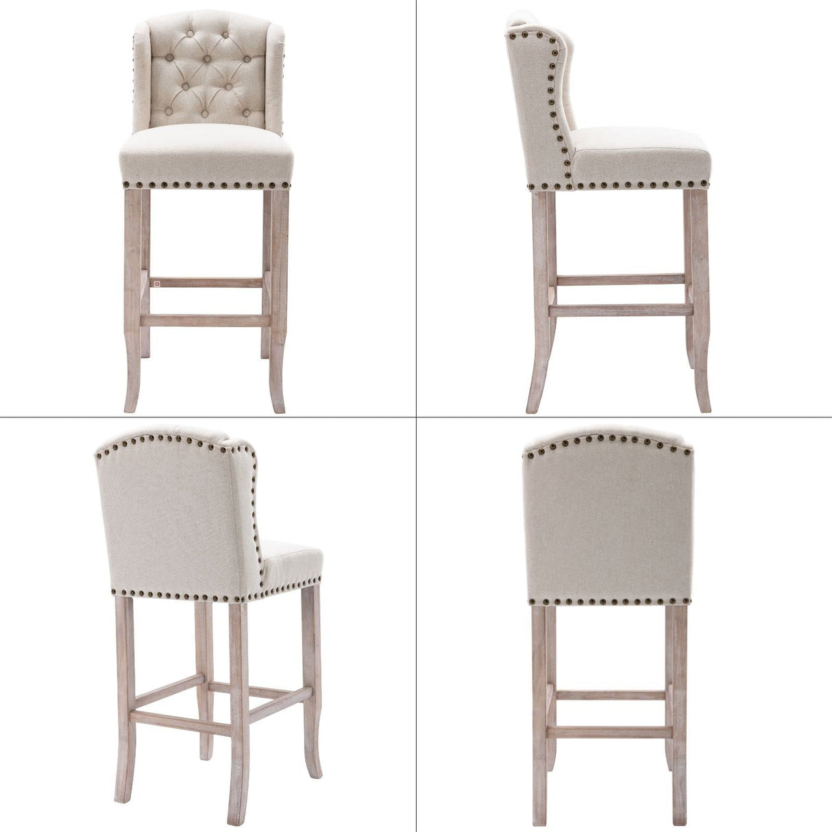 LukeAlon Classic 30" Linen Bar Stools Set of 4, Button Tufted Wingback Tall Bar Chairs with Wooden Legs Farmhouse High Kitchen Stool with Nailhead Trim for Home Breakfast Bar, Beige LukeAlon