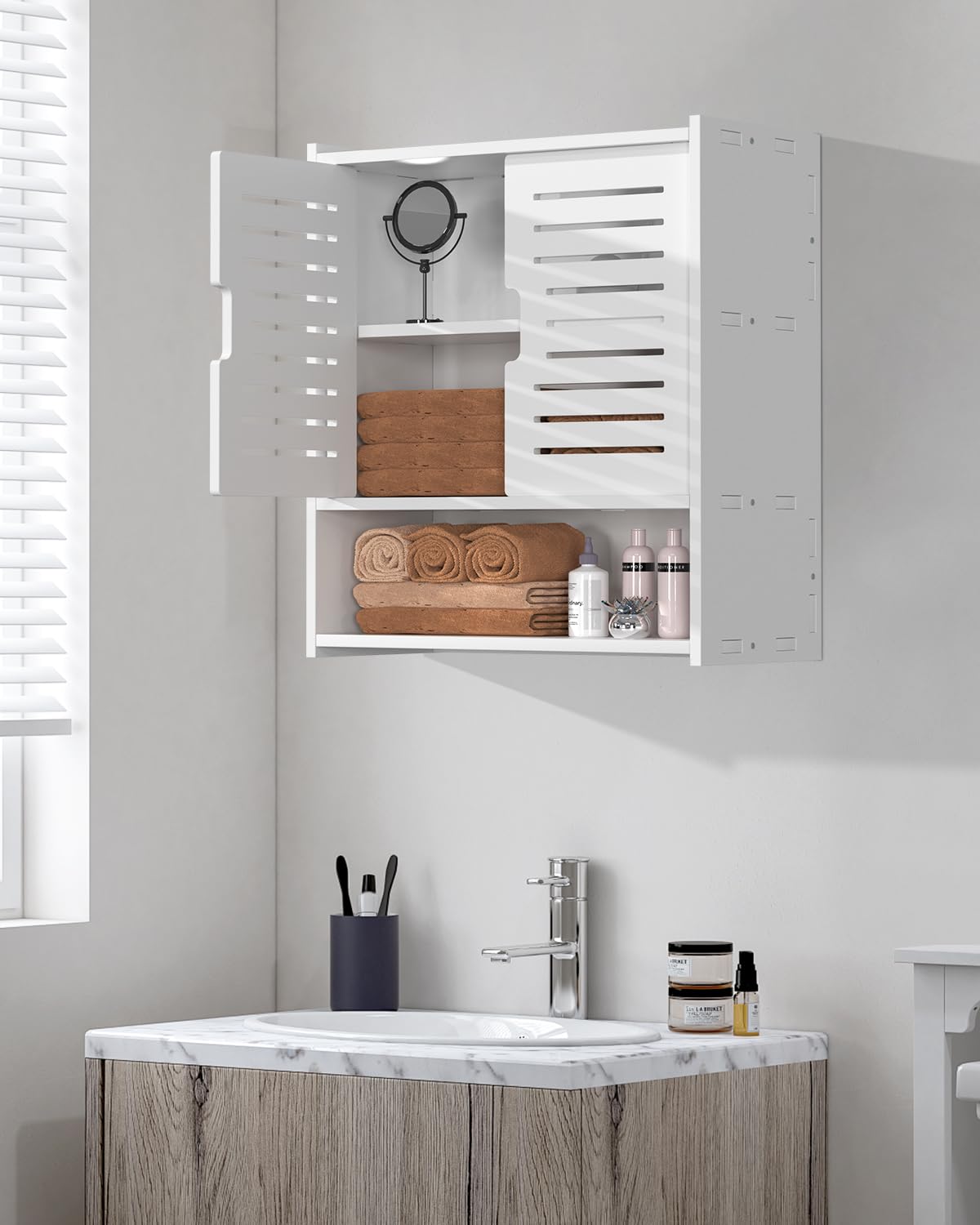 Frstem Bathroom Wall Cabinet, Wall Mounted Medicine Cabinet White Over The Toilet Storage Organizer Hanging Bathroom Cabinet for Bedroom Laundry Room Kitchen Bathroom,16.53" x 14.96" x 7.08" Frstem