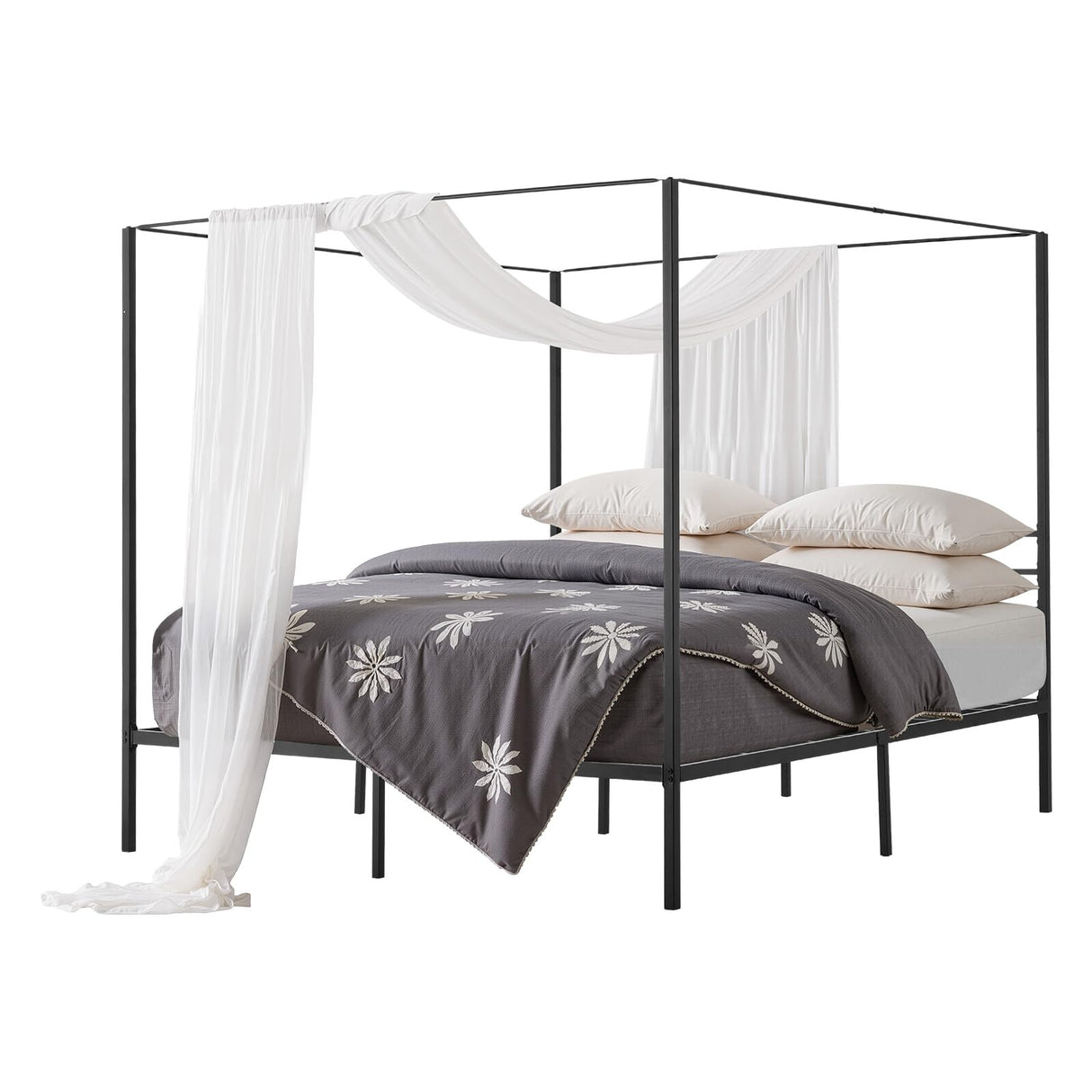 VEVOR Canopy Bed Frame King Size, Metal Canopy Bed with Four Posters Design, Heavy Duty Steel Slats Support, Underbed Storage Space, No Box Spring Needed, Easy Assembly, Black VEVOR