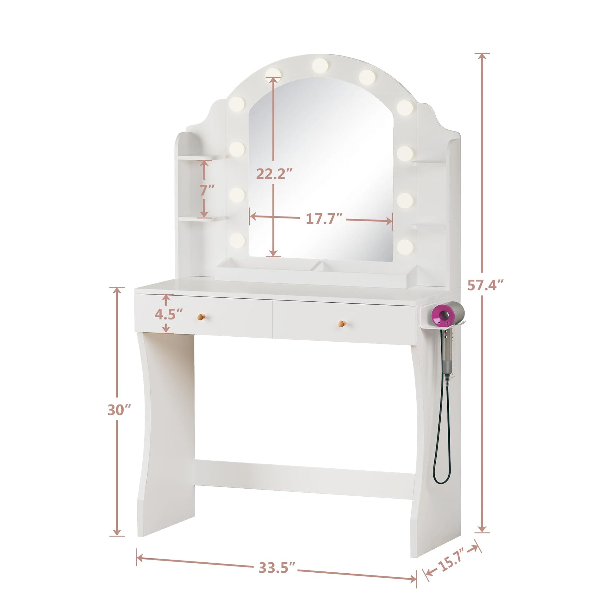 ALEXNUTRE Makeup Vanity Desk with Mirror and Lights, Vanity with Power Outlet, 3 Lighting Color Adjustable for Bedroom, Large Drawers and Storage Shelves, White - WoodArtSupply