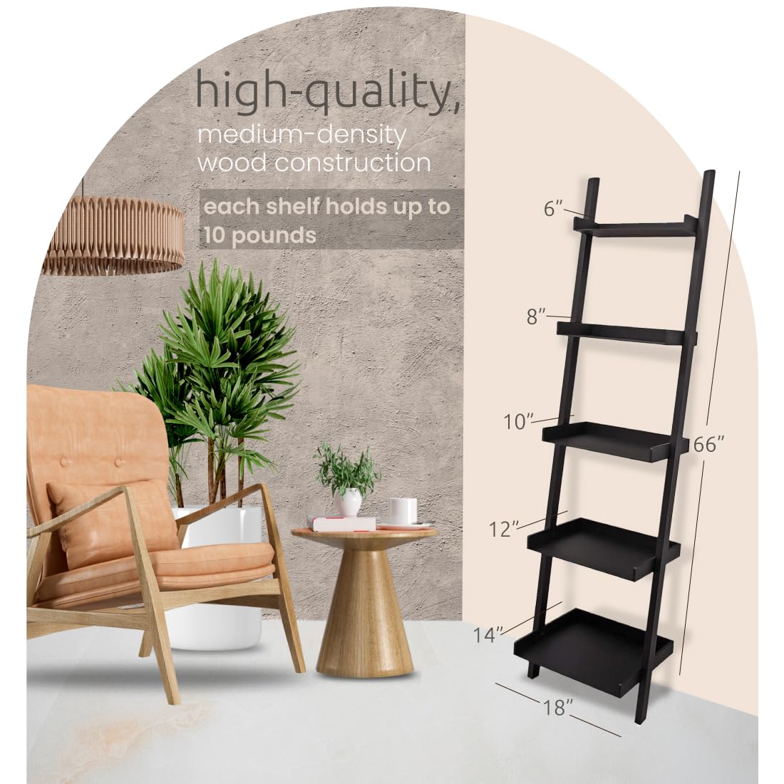 Kiera Grace Providence Hadfield 5 Tier Ladder Shelf Modern Leaning Bookshelf Storage Rack for Home, Office, 18" x 67", Black Kiera Grace