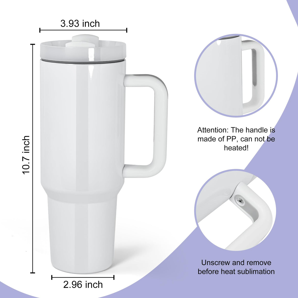 AGH 4 Pack 40 oz Sublimation White Tumbler with White Handle and Stainless Steel Straw, Insulated Double Wall Vacuum Reusable Cups with White Leakproof Lid AGH