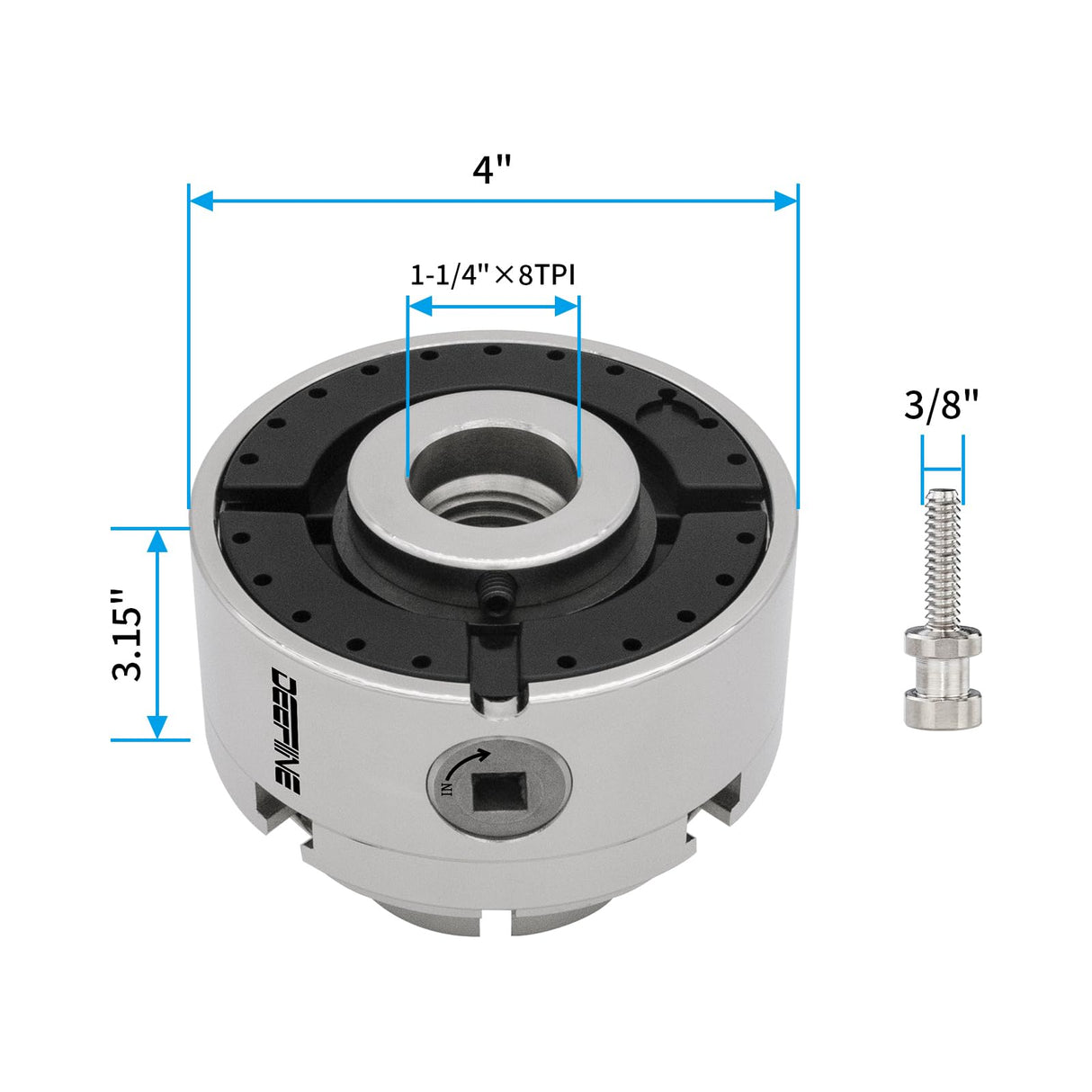 DEEFIINE 4 Inch Wood Lathe Chuck Set 1-1/4"- 8 tpi thread, Nickel Plated Self Centering 4 Jaw Wood Turning Chuck set (2PCS jaws) DEEFIINE