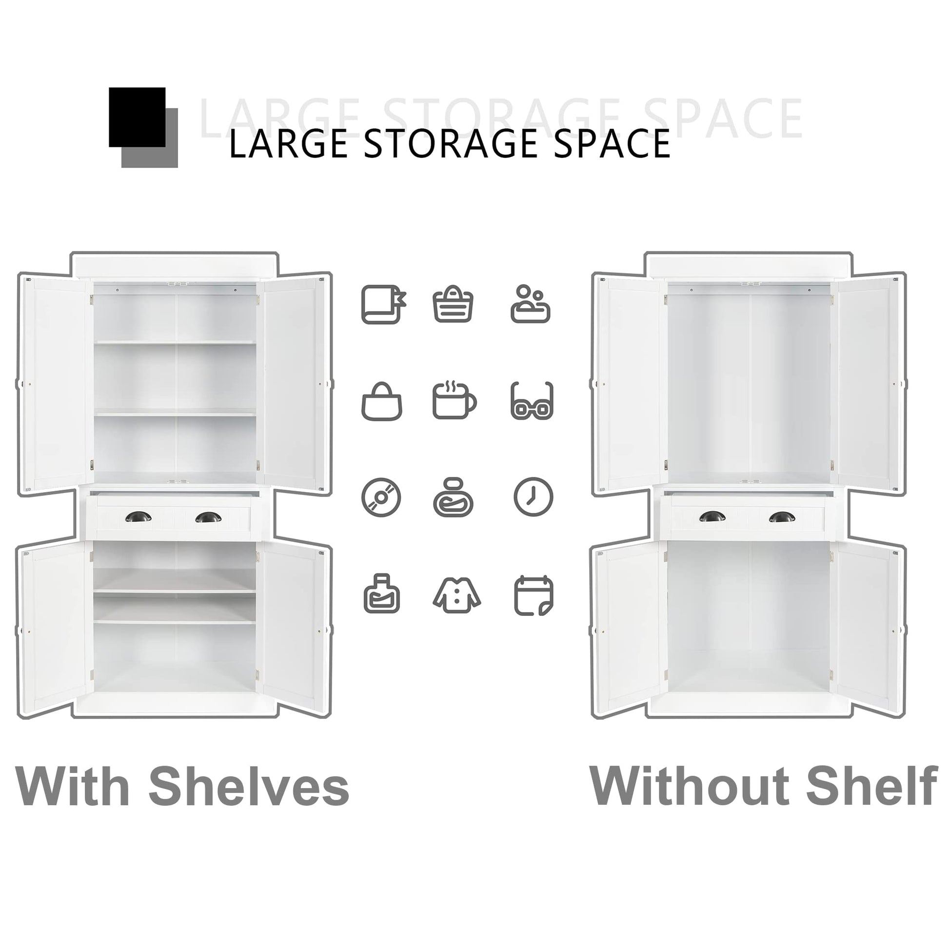 Yusong 72'' Tall Kitchen Pantry Cabinet, Farmhouse Storage Cabinet with 4 Doors, Drawer and Adjustable Shelf, Freestanding Wooden Cupboard Buffet for Dining Room Living Room, White - WoodArtSupply