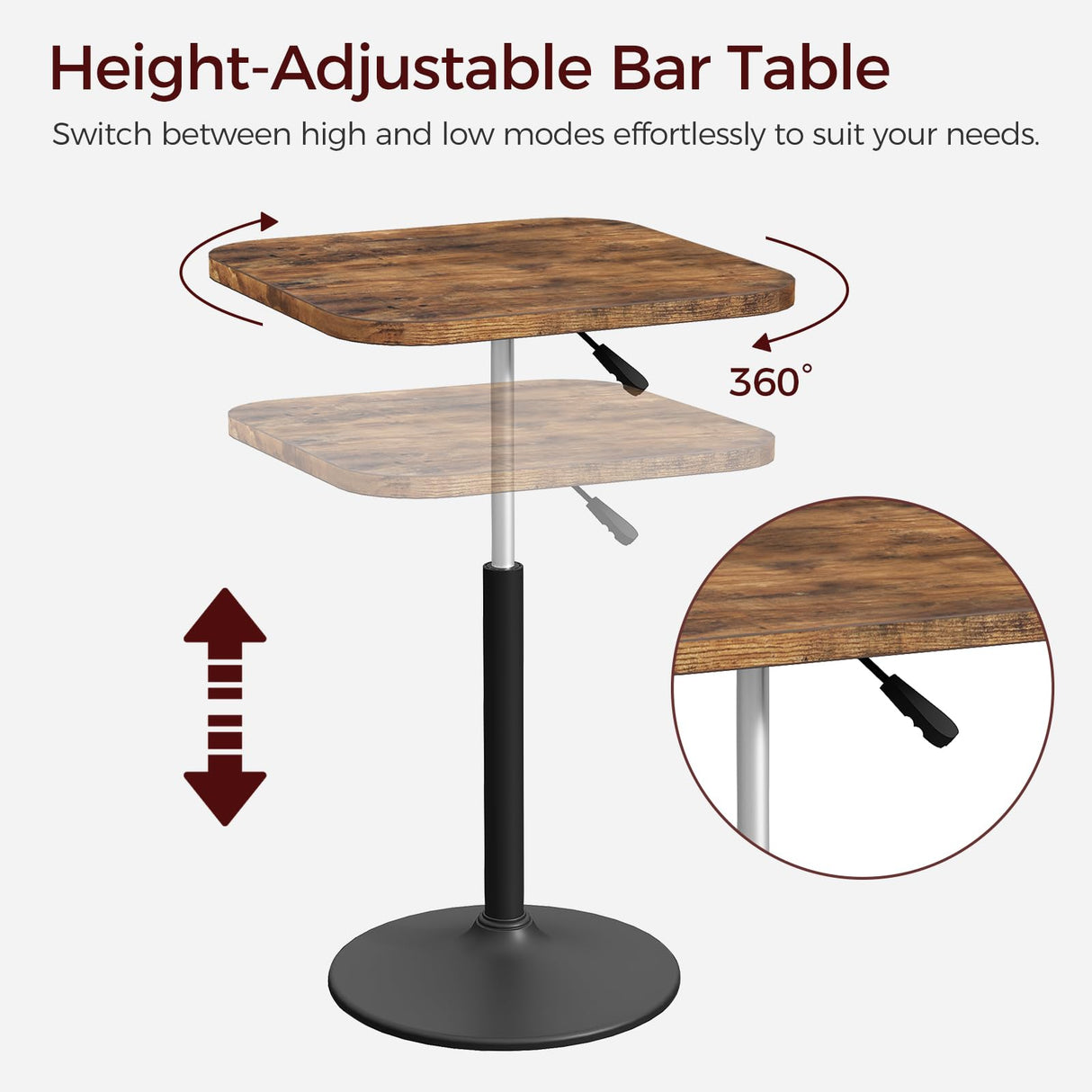 MAHANCRIS Bar Table, Height-Adjustable Pub Table 26.8-36.2 Inches, Cocktail Table with Base, Counter Height Table for Small Space, Easy to Assemble, Rustic Brown and Black BTHR5501 MAHANCRIS