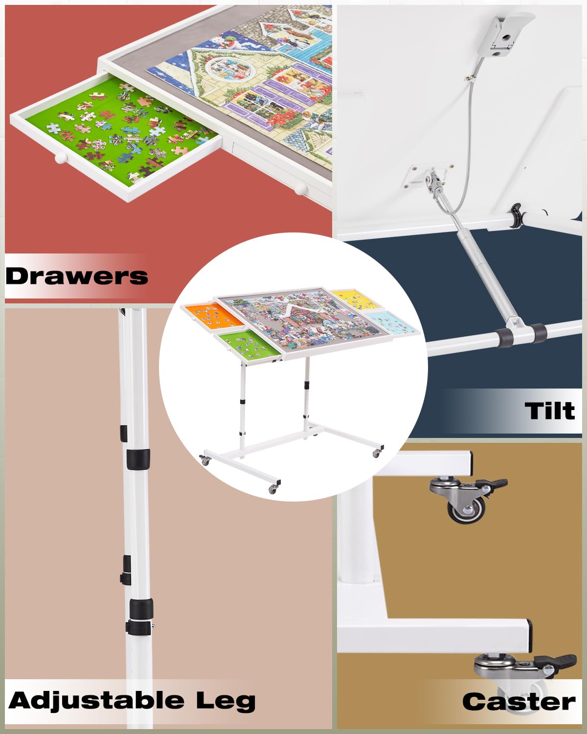 1000 Piece Tilting Jigsaw Puzzle Board with Drawers and Cover, Movable Jigsaw Puzzle Table with Wheels for Adults, Angle and Height Adjustable, 30''x22'' Velvet-Lined Tabletop and Color-Coded Drawers XIJ