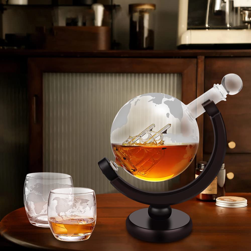 BLOCE Whiskey Decanter Sets for Men with Glasses, Etched World Globe Whiskey Gifts for Dad with 2 Glasses, 4 Ice Cubes Set, Dad Birthday Gift for All Kinds of Alcohol Drinks and Vodka BLOCE