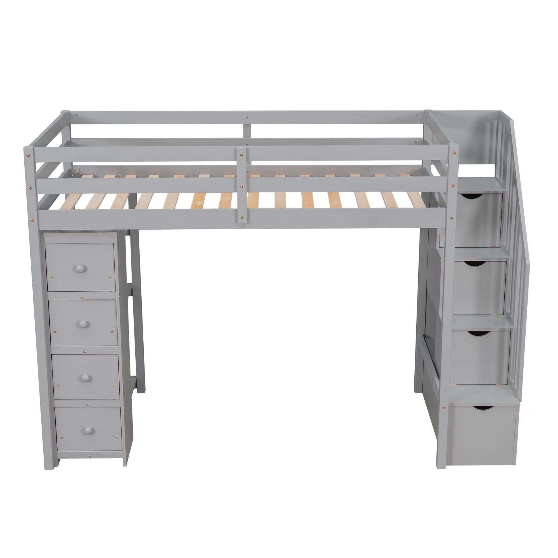 Bellemave Modern Twin Loft Bed with Stairs, Storage Drawers, and Shelves in Grey - WoodArtSupply