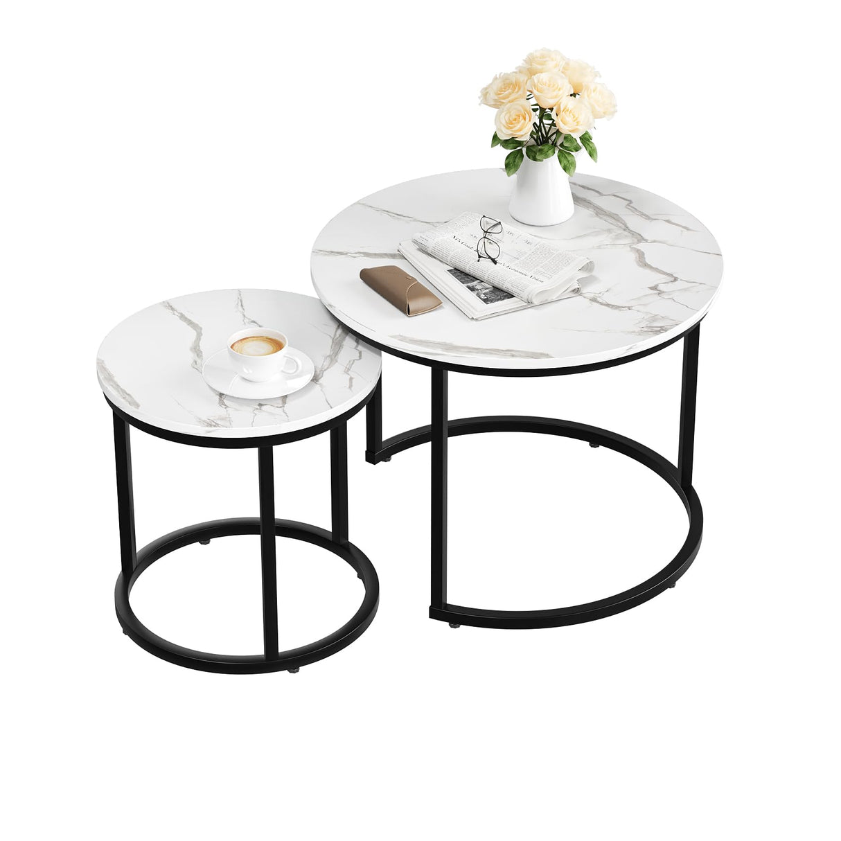 Smuxee White Nesting Coffee Table Set of 2, 23.6" Round Coffee Table Wood Grain Top with Adjustable Non-Slip Feet, Industrial End Table Side Tables for Living Room Bedroom Balcony Yard Smuxee