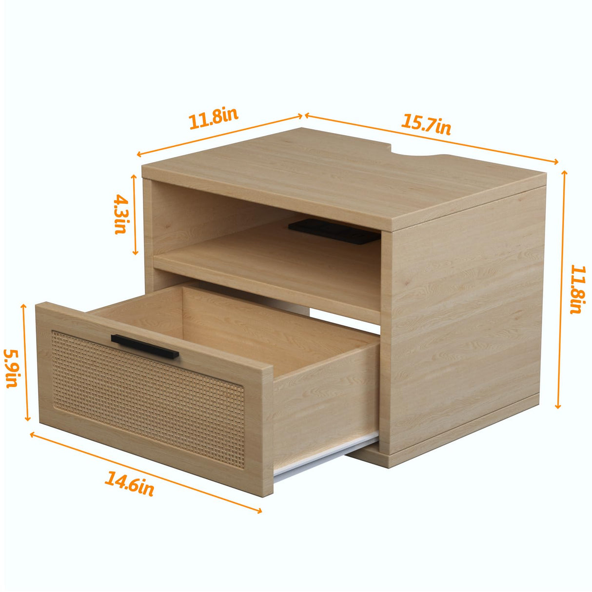 Floating nightstand Set of 2 with USB Ports, outlets, and led Light Strip – Modern Wall-Mounted nightstands with Oak and Rattan Design (Floating nightstand Set of 2) iyrany