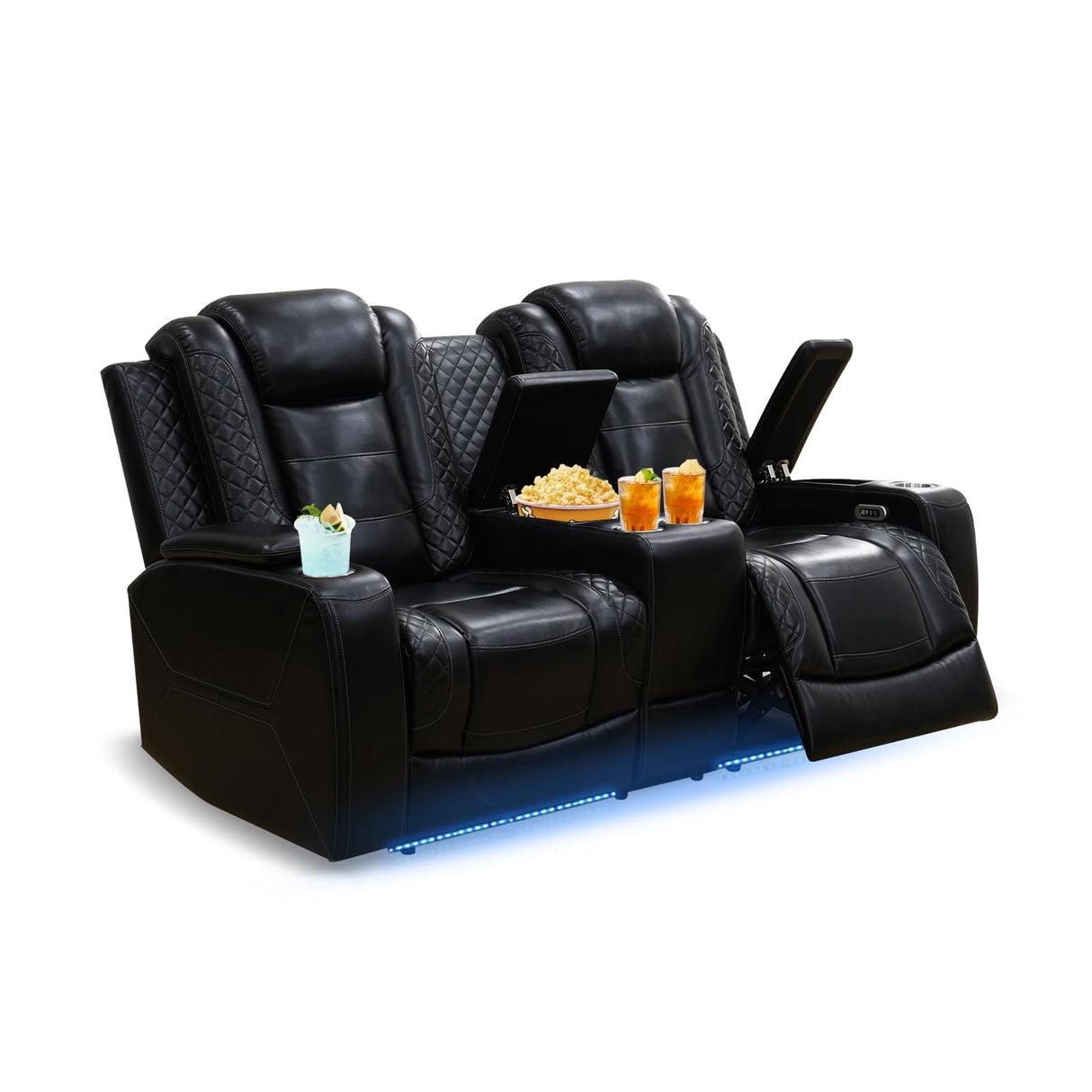 PU Leather Power Wall Hugger Chair Double Reclining Sectional Sofa 2-Seater Loveseat Couch with Center Storage Console & Armrests, USB Port, 4 Cup Holders and LED Light for Living Room RV Theater NicBex