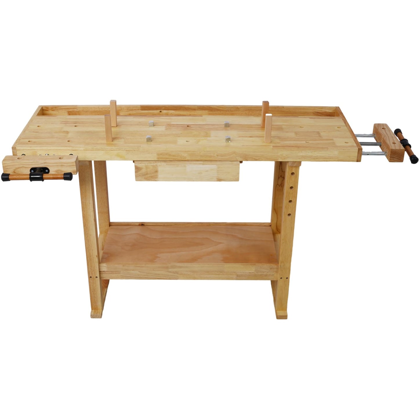 Halofe 55" Wooden Workbench, Woodworking Station with Adjustable Handle, 2 Vises, Drawers, Shelves, Heavy Duty Wooden Work Table 330 lbs Weight Capacity, Storage Work Bench for Garage Workshop Home