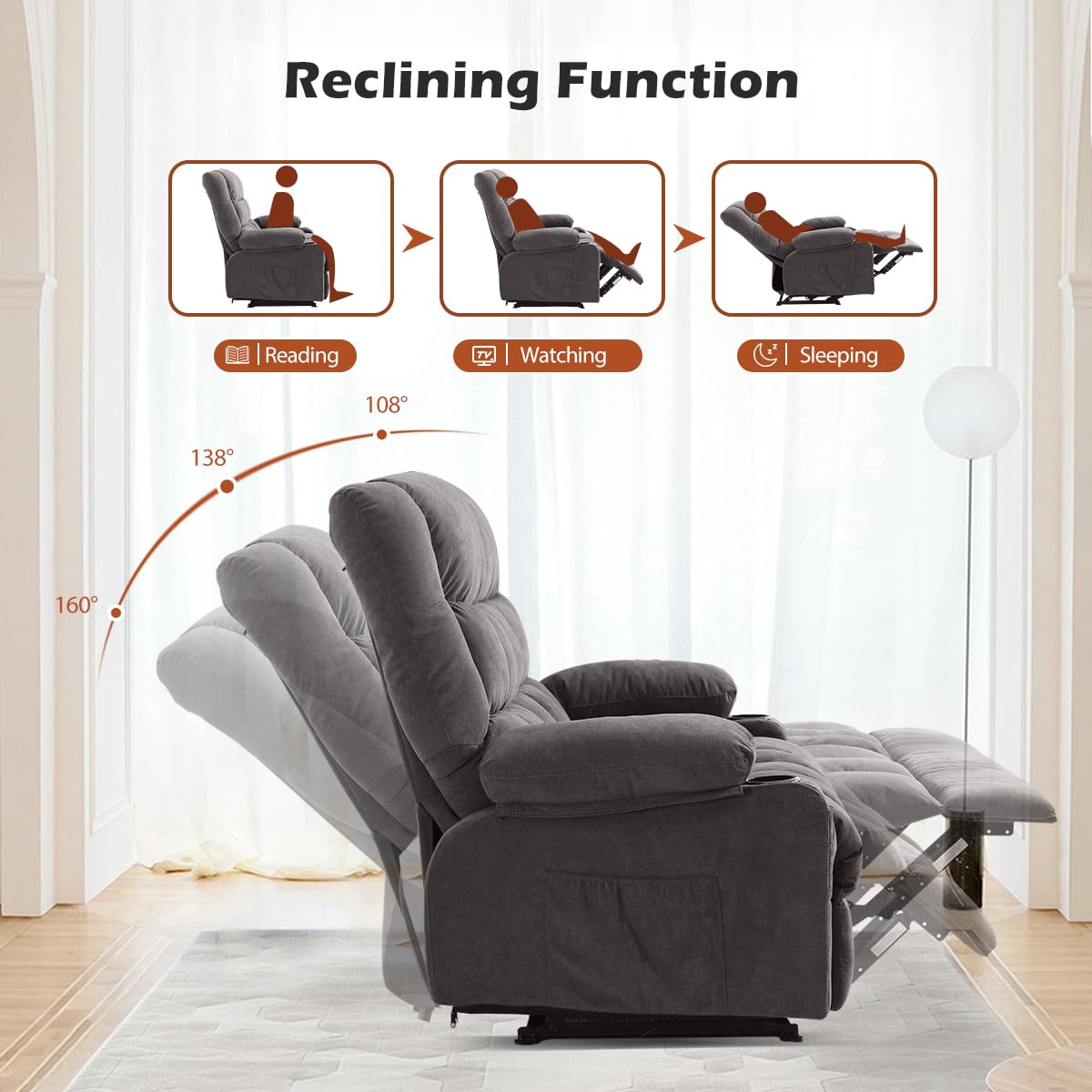 Recliner Sofa with Cup Holders for Living Room 3 Seat Manual Oversized Recliner Chiar with Ergonomic, Side Pocket for Adult MAHOMICO
