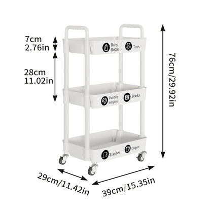 Laiensia 3-Tier Storage Cart,Multifunction Kitchen Storage Organizer,Mobile Shelving Unit Utility Rolling Cart with Lockable Wheels for Bathroom,Laundry,Living Room,With Classified Stickers,W - WoodArtSupply