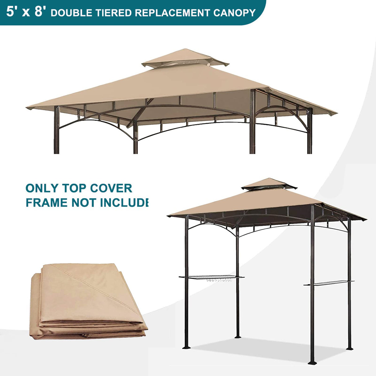 Grill Gazebo Replacement Canopy Top - Wonwon 5x8 Gazebo Roof Double Tiered Outdoor BBQ Roof Cover Grill Shelter Only Fit for Model L-GG001PST-F (Beige) Wonwon