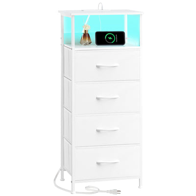 Somdot White Nightstand with Charging Station and LED Light for Bedroom, Tall 4 Drawers Dresser with Fabric Bins for Bedside Kids Dorm Room Closet Laundry Entryway, White Leather