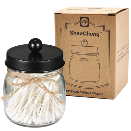 SheeChung Small Mason Jar, Glass Qtip Holder, Apothecary Jars with Lids, Bathroom Organizers and Storage, Bathroom Canister for Q-tips, Cottons, Floss, Balls, Cotton Swabs, Farmhouse Decor-Black SheeChung