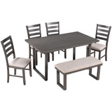 6 Piece Dining Table Set, Kitchen Table Set with Rectangular Table and 4 High Back Upholstered Dining Chairs and Tufted Bench, Wooden Dining Room Table Set for 6 Persons (Gray) Merax