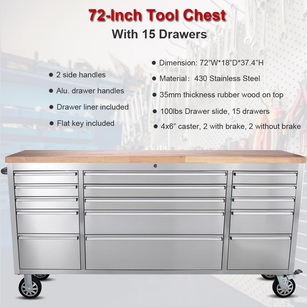 UYRIE 72-inch Stainless steel Rolling Tool Chest with 15 Drawers, Mobile Workbench, Assembled Large Tool Box Lockable Storage Cabinet with Wheels for Garage Workshop (72'' w/15 drawers) - WoodArtSupply