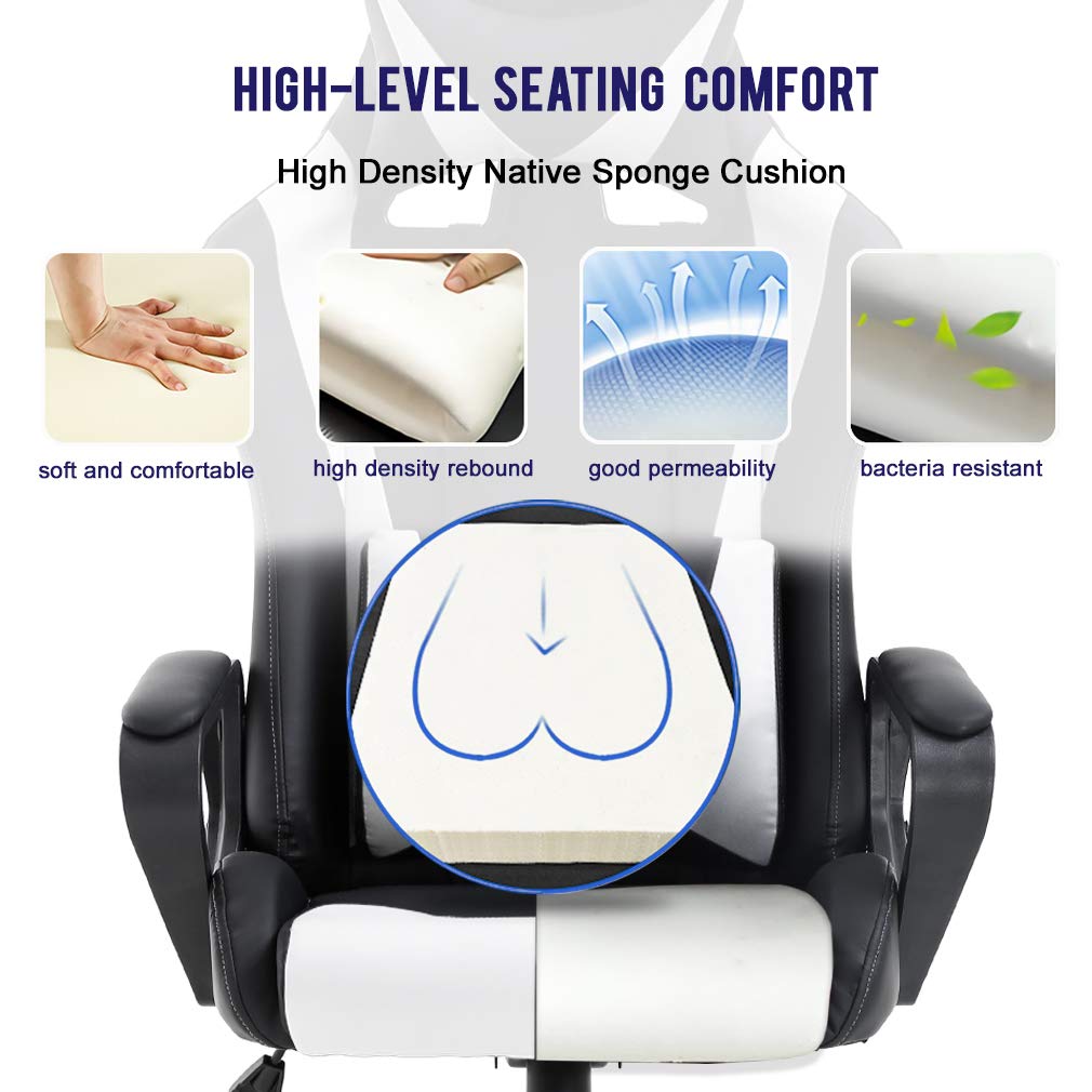 BestOffice High-Back Gaming Chair PC Office Chair Computer Racing Chair PU Desk Task Chair Ergonomic Executive Swivel Rolling Chair with Lumbar Support for Back Pain Women, Men,White