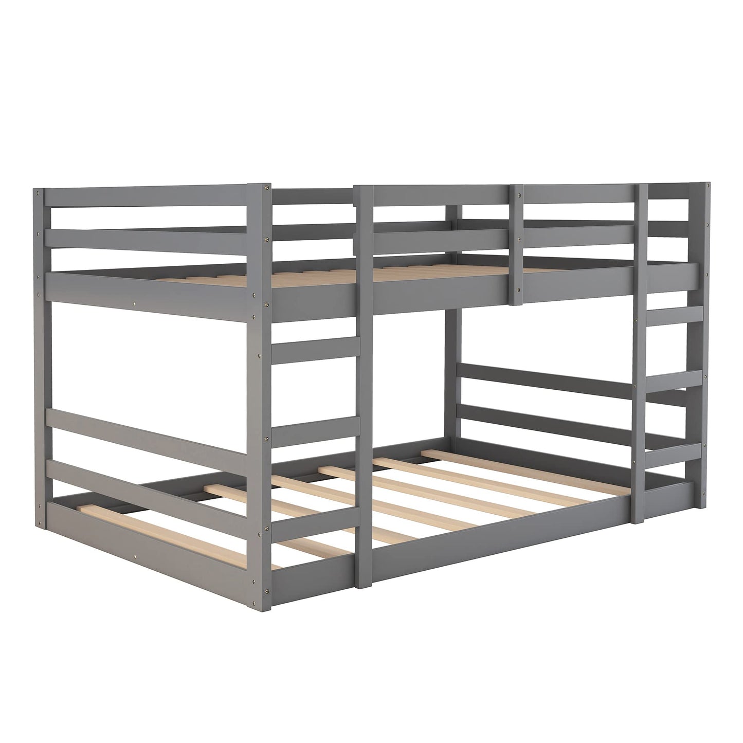 Low Profile Full Over Full Bunk Bed Frame with Ladder - Solid Wood Design in Grey for Kids and Teens - WoodArtSupply