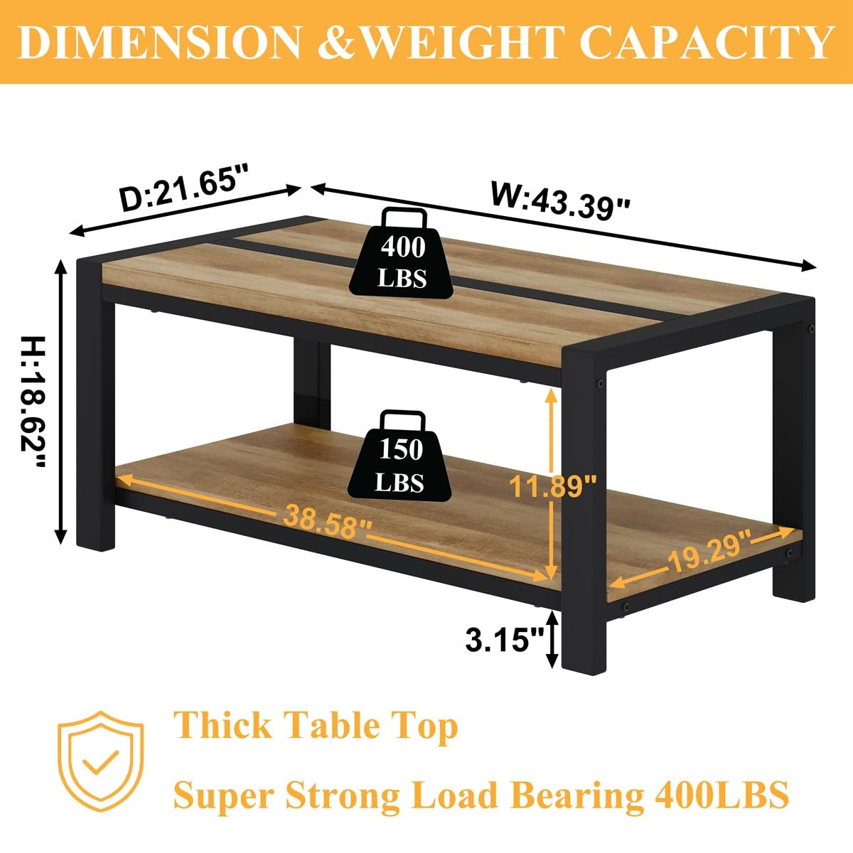 BON AUGURE Industrial Coffee Table, Wood Metal Coffee Tables for Living Room, Farmhouse Rectangle Center Tables, Modern Living Room Table (Vintage Oak, 43 Inch) BON AUGURE