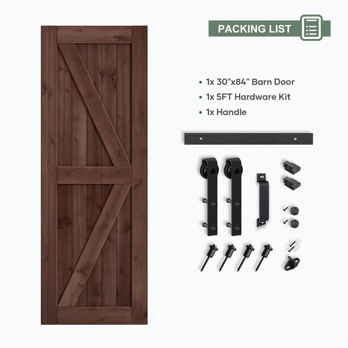 ROYMELO 30x84 inch Sliding Barn Wood Door Slab with 5ft Hardware Kit and Handle, Coffee, K Shape, Simple DIY Assembly ROYMELO