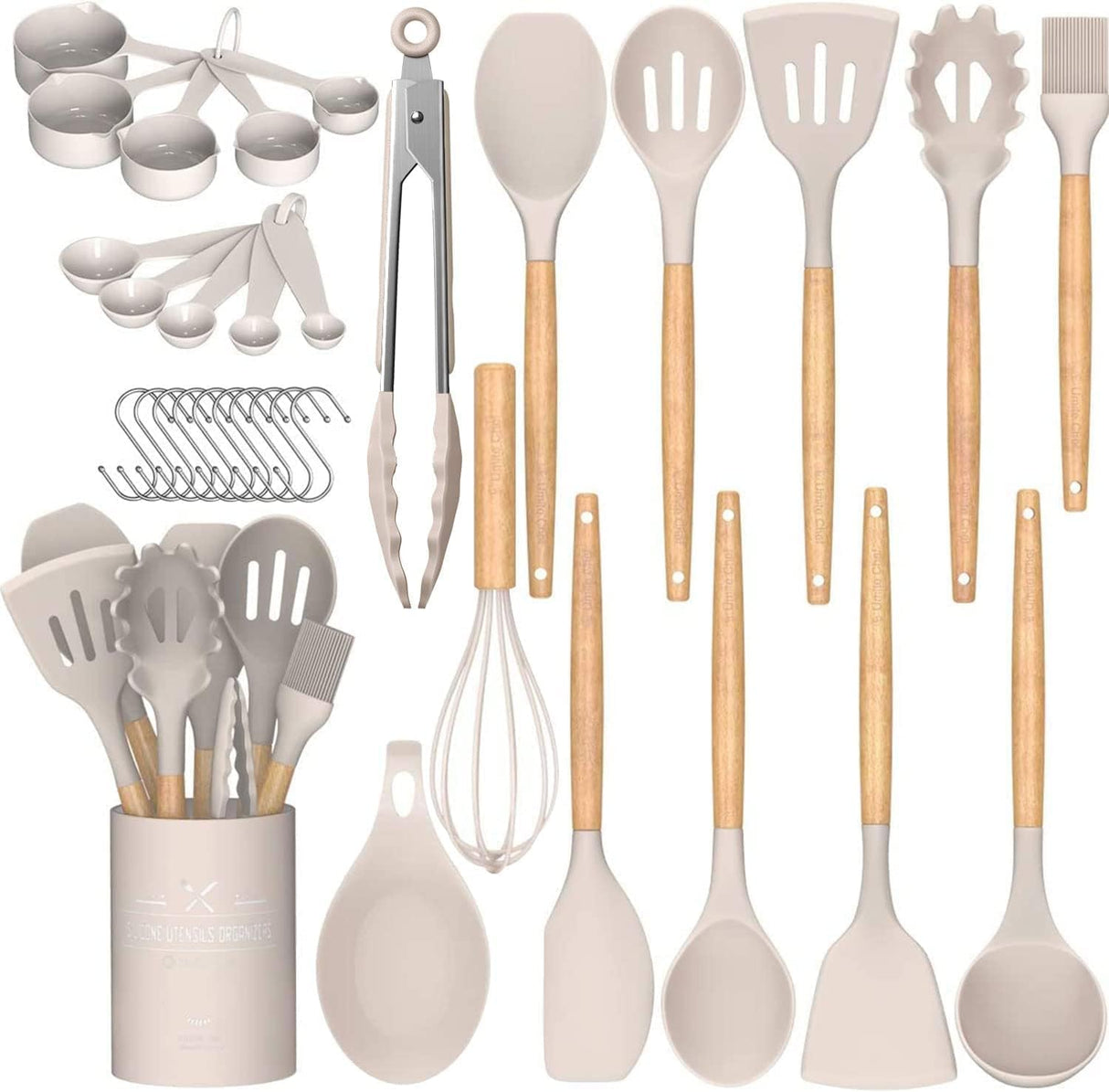 Umite Chef Kitchen Cooking Utensils Set, 33 pcs Non-Stick Silicone Cooking Kitchen Utensils Spatula Set with Holder, Wooden Handle Silicone Kitchen Gadgets Utensil Set (Khaki) Umite Chef