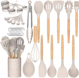 Umite Chef Kitchen Cooking Utensils Set, 33 pcs Non-Stick Silicone Cooking Kitchen Utensils Spatula Set with Holder, Wooden Handle Silicone Kitchen Gadgets Utensil Set (Khaki) Umite Chef