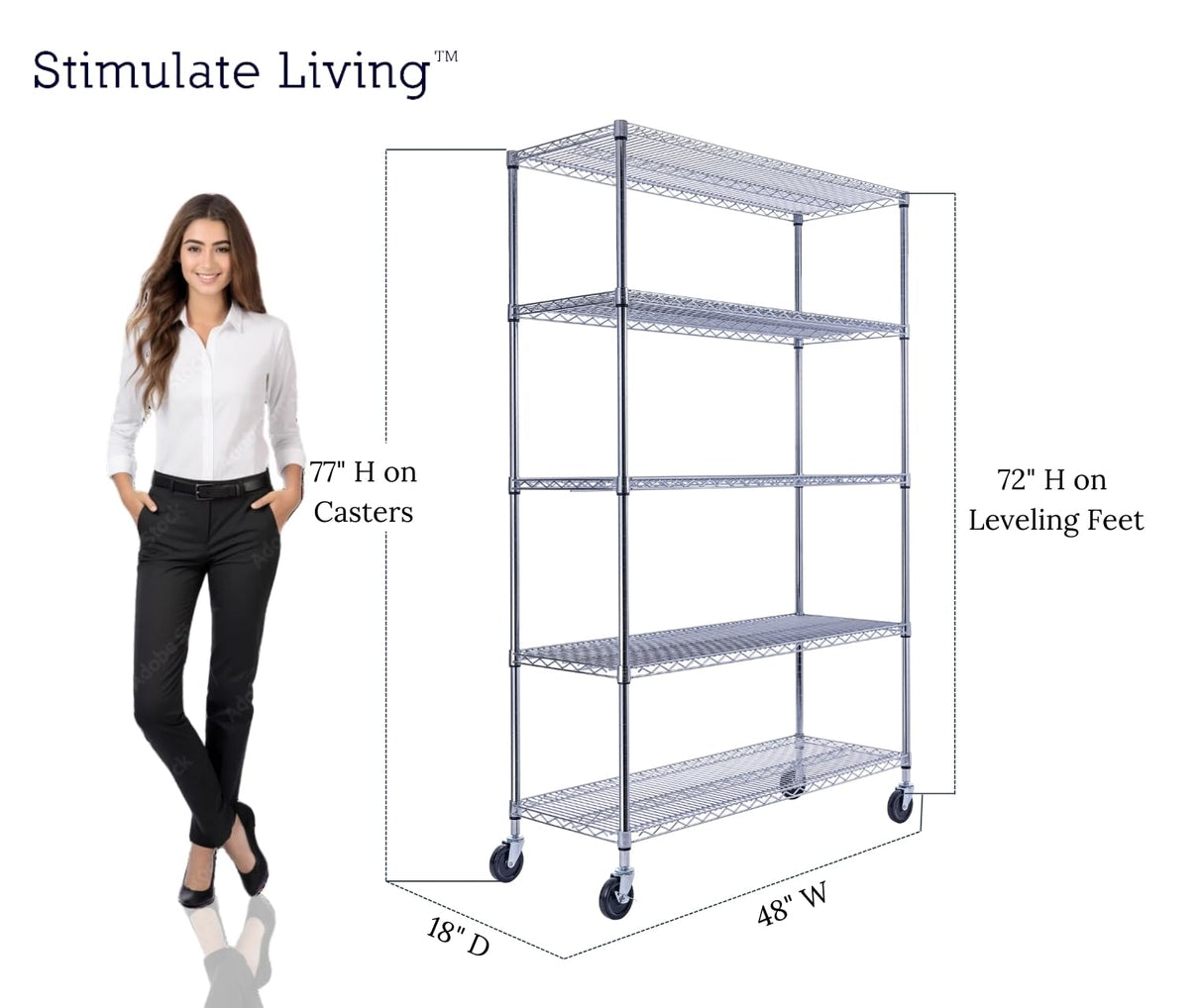 48"x18"x72" PRIME HEAVY DUTY Chrome 5-Tier Wire Shelving NSF 4000 LBS MAX Capacity Storage Rack for Commercial, School, Home, Garage, Warehouse, Industrial, and Hospital Uses (with Wheels) Stimulate Living