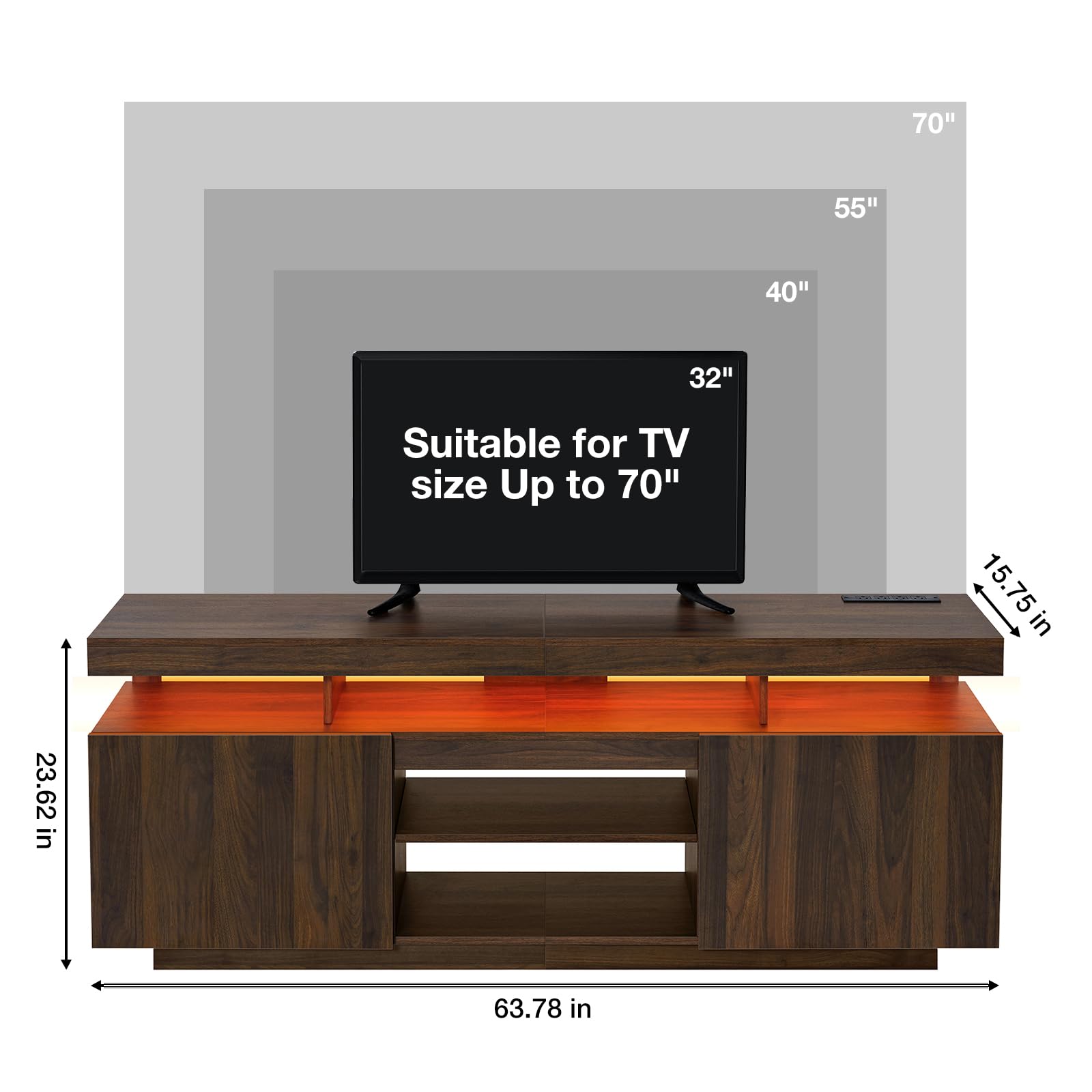 HOMMPA LED TV Stand with Power Outlets for up to 70" TV Modern Entertainment Center with Storage, Gaming TV Consoles with LED Lights Game Cabinet for Living Room Walnut - WoodArtSupply