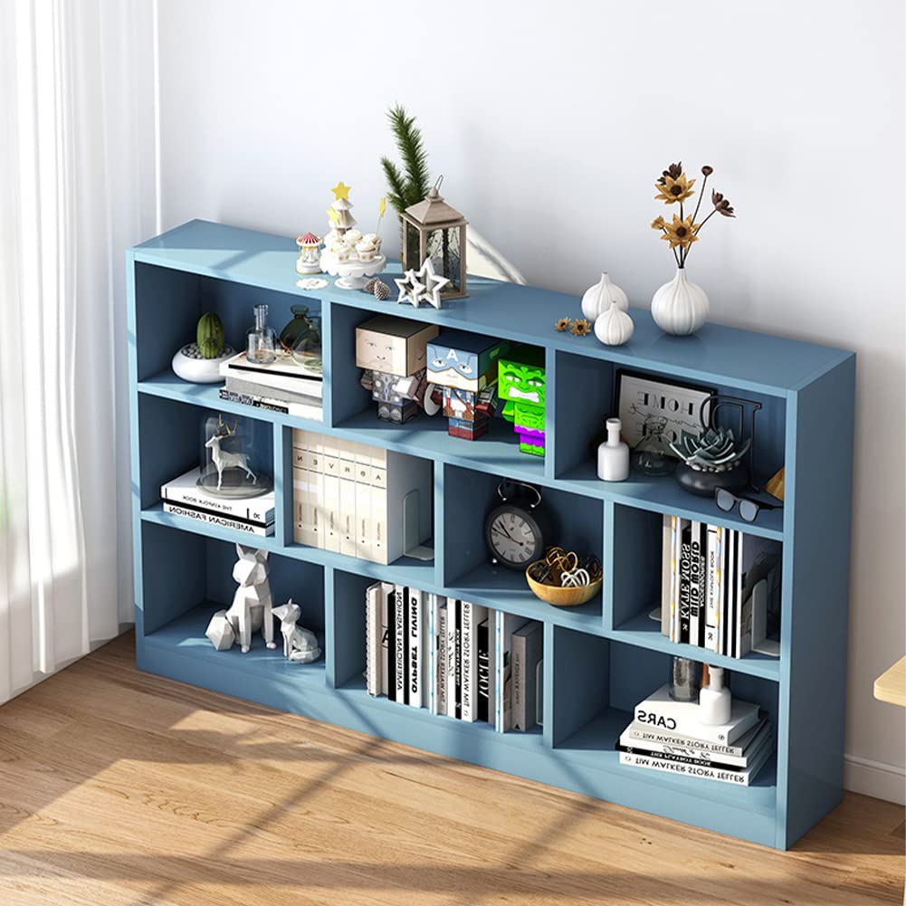 IOTXY Open Shelf Low Bookcase - Wooden 3-Tier Floor Standing Display Cabinet Organizer with Base, 10 Cubes Short Horizontal Bookshelf in Bright Blue IOTXY