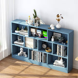 IOTXY Open Shelf Low Bookcase - Wooden 3-Tier Floor Standing Display Cabinet Organizer with Base, 10 Cubes Short Horizontal Bookshelf in Bright Blue IOTXY