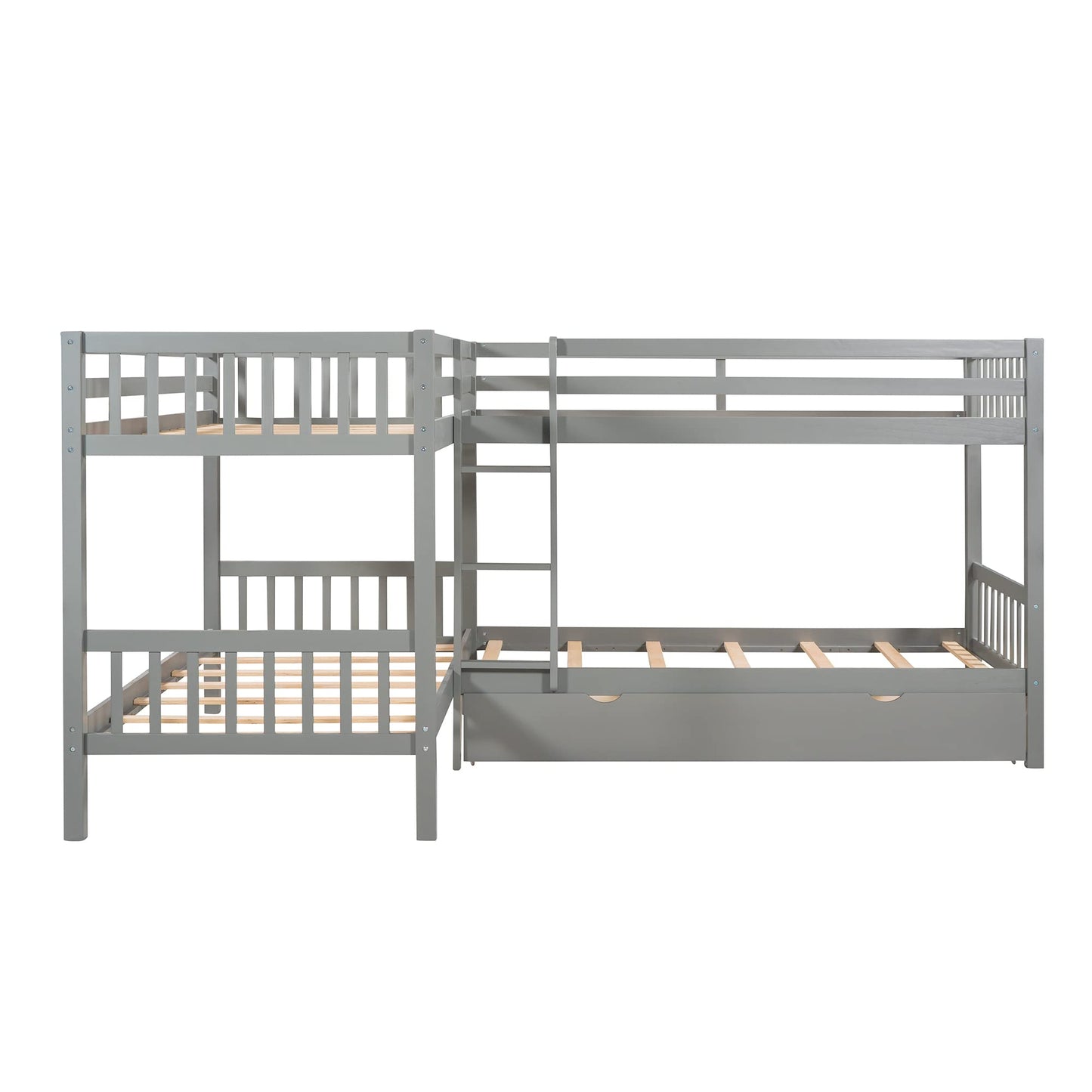 MERITLINE Quad Bunk Beds with Storage,4 Twin Bunk Bed for Kids, Solid Wood L Shaped Bunk Bed 4 Bed Bunk Beds for Kids,Teens, Adults,Grey