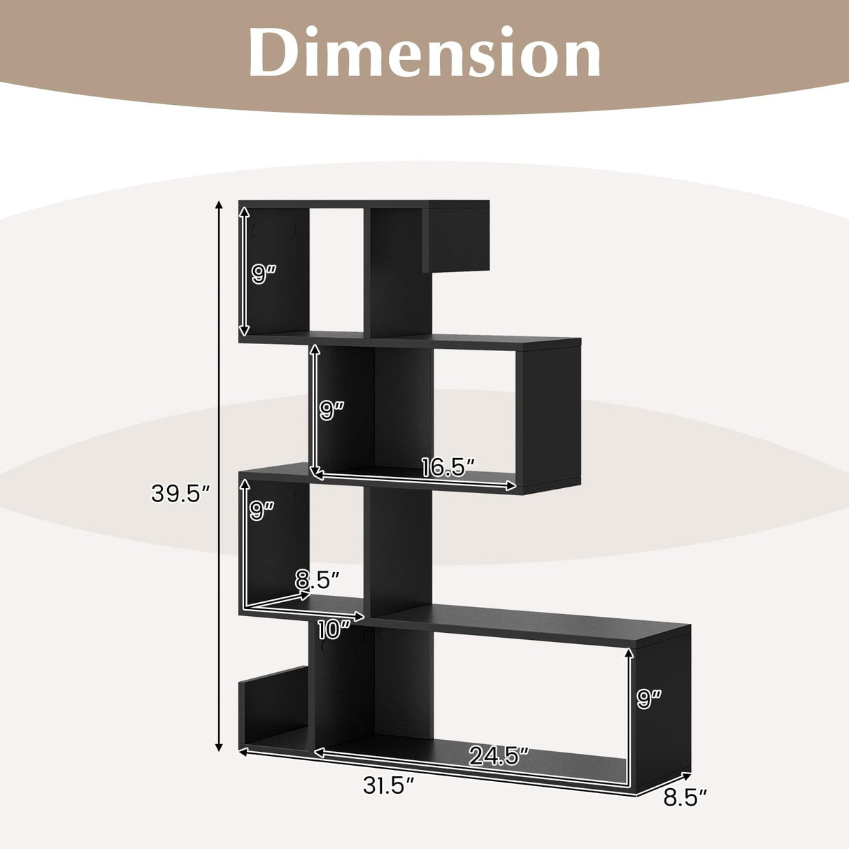 Giantex 5-Tier S-Shaped Bookshelf, Geometric Bookcase w/Open Cubes, Modern Decorative Display Shelf w/Anti-Toppling Kits, Freestanding Storage Rack for Living Room, Study, Home, Office, Black Giantex