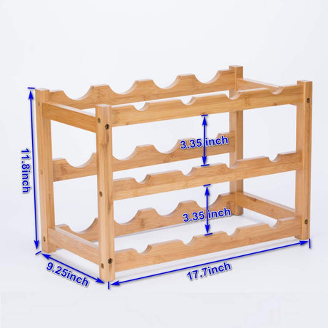 FOSTERSOURCE Wine Rack, Natural Bamboo Storage Rack Freestanding Countertop Stackable Display Shelf Wine Bottle Holder (3-Tiers 12-Bottles) FOSTERSOURCE